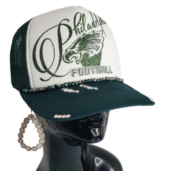 Philadelphia Football Green & Wht Fitted Adj. Cap Beads,Shiny Ltrg & Swark Cry. - Picture 4 of 7